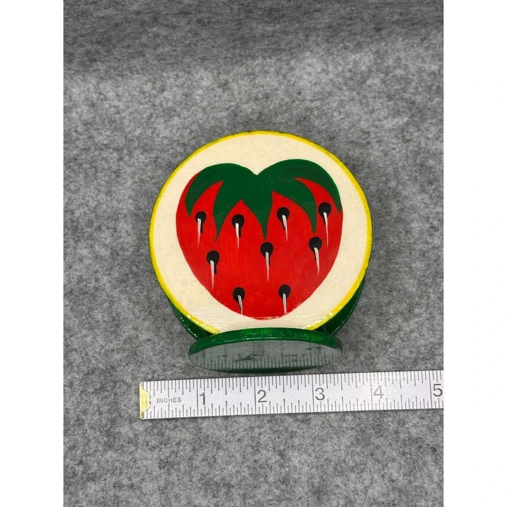 Vintage Strawberry Wooden Coaster Set with Holder Hand Painted Folk Art 7pc